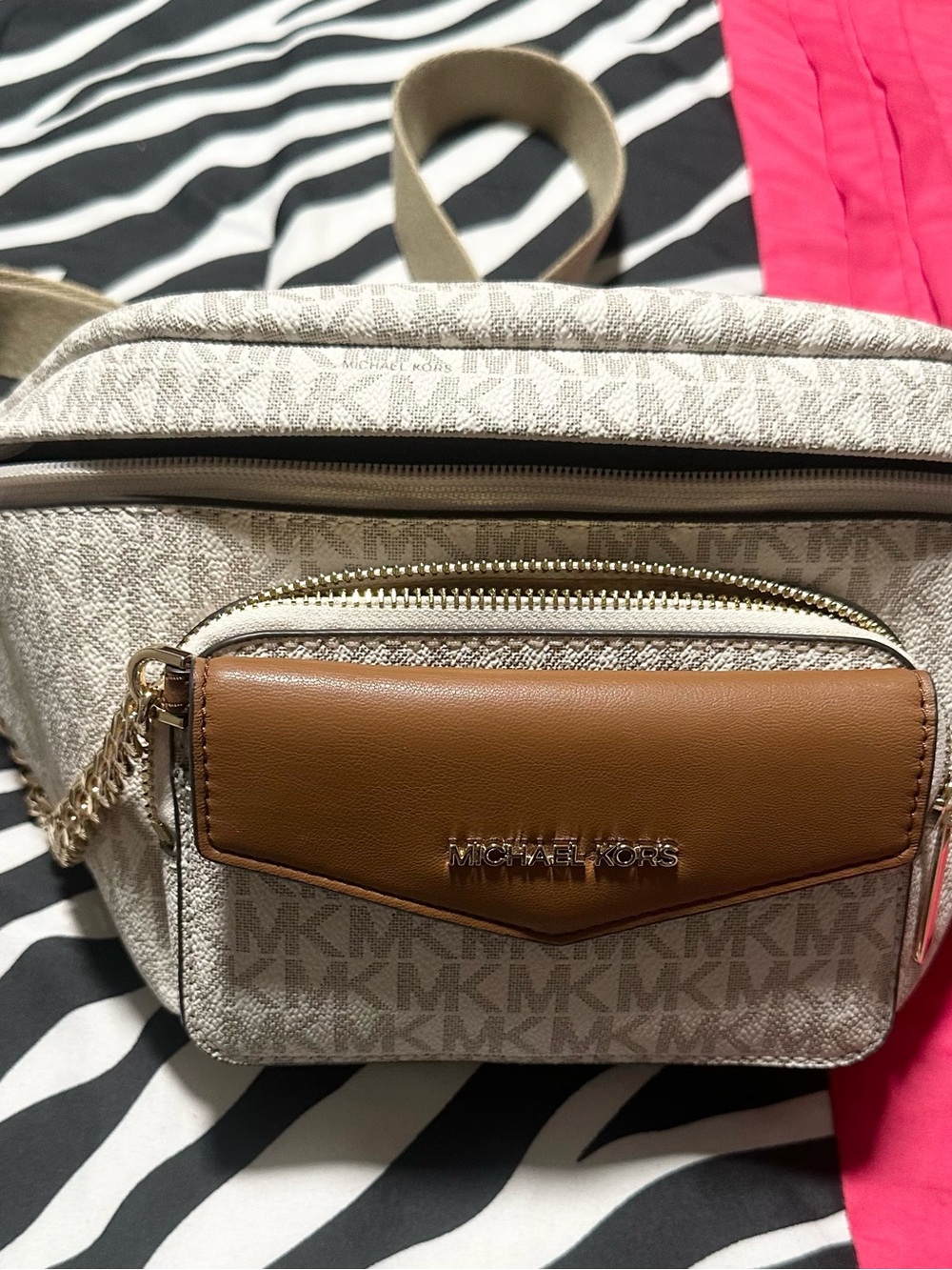 Michael Kors Beige and Brown Signature Crossbody Belt Bag